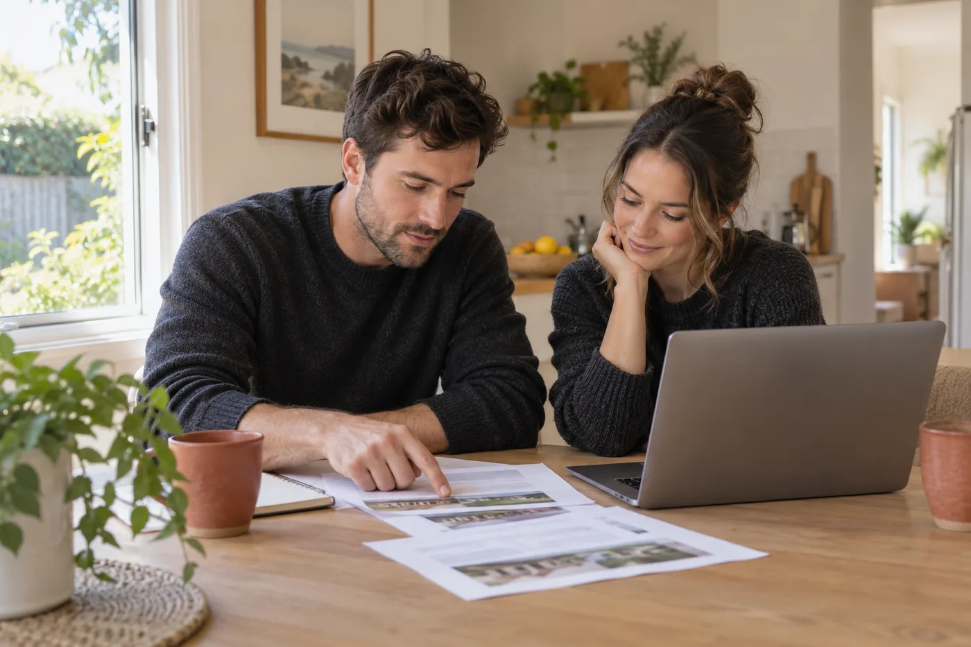 Two people reviewing inspection documents together at a kitchen table
